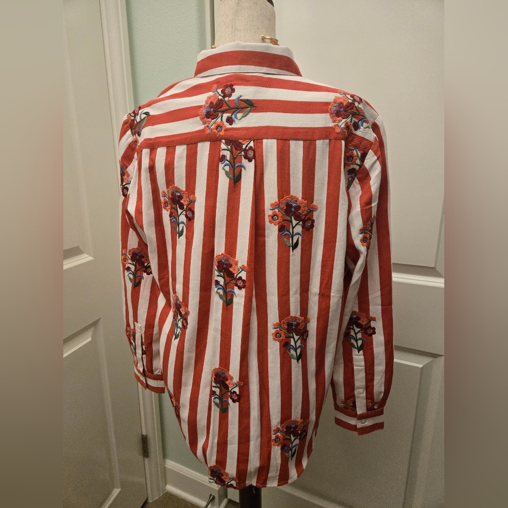 Sezane MAXY ROSE ๐น Embroidered Flowers on Red And White Stripes Size 34 - Picture 8 of 11